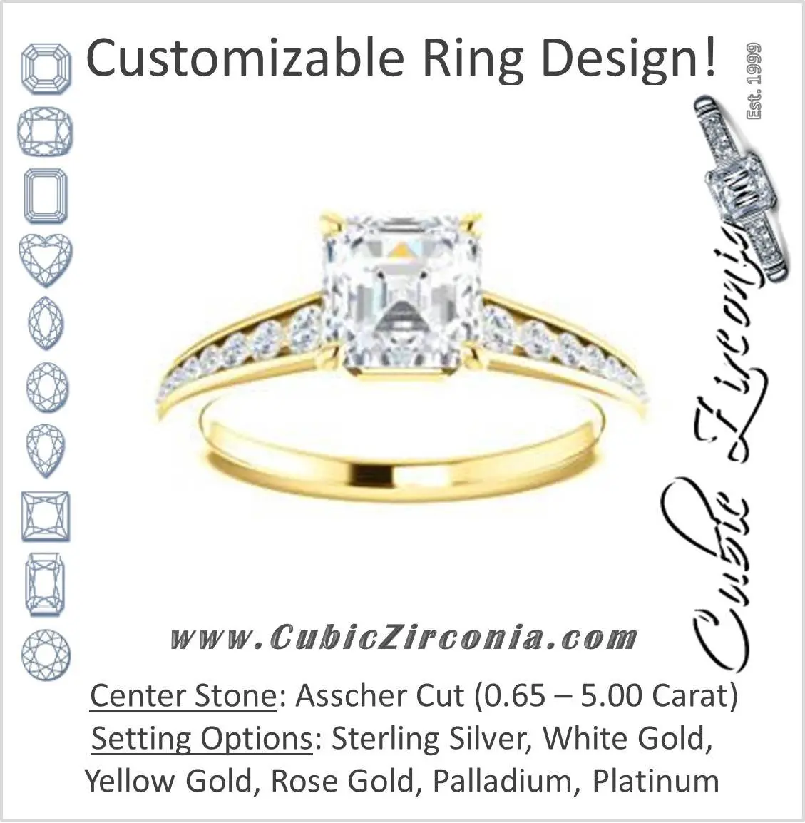 Cubic Zirconia Engagement Ring- The Noa (Customizable Asscher Cut Center featuring Tapered Band with Round Channel Accents)