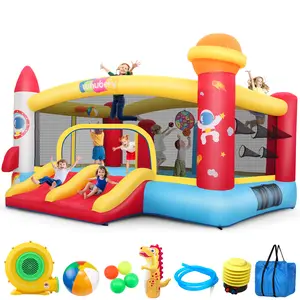 Whubefy Inflatable Bounce House for Kids 3-8 Space Rocket-Themed Bouncy Castle with Ball Toss Game, Animal Astronaut Cosplay, Slide & Blower, Basketball Rim, Toddler Indoor Outdoor,Birthday Party,Gifts for Kids