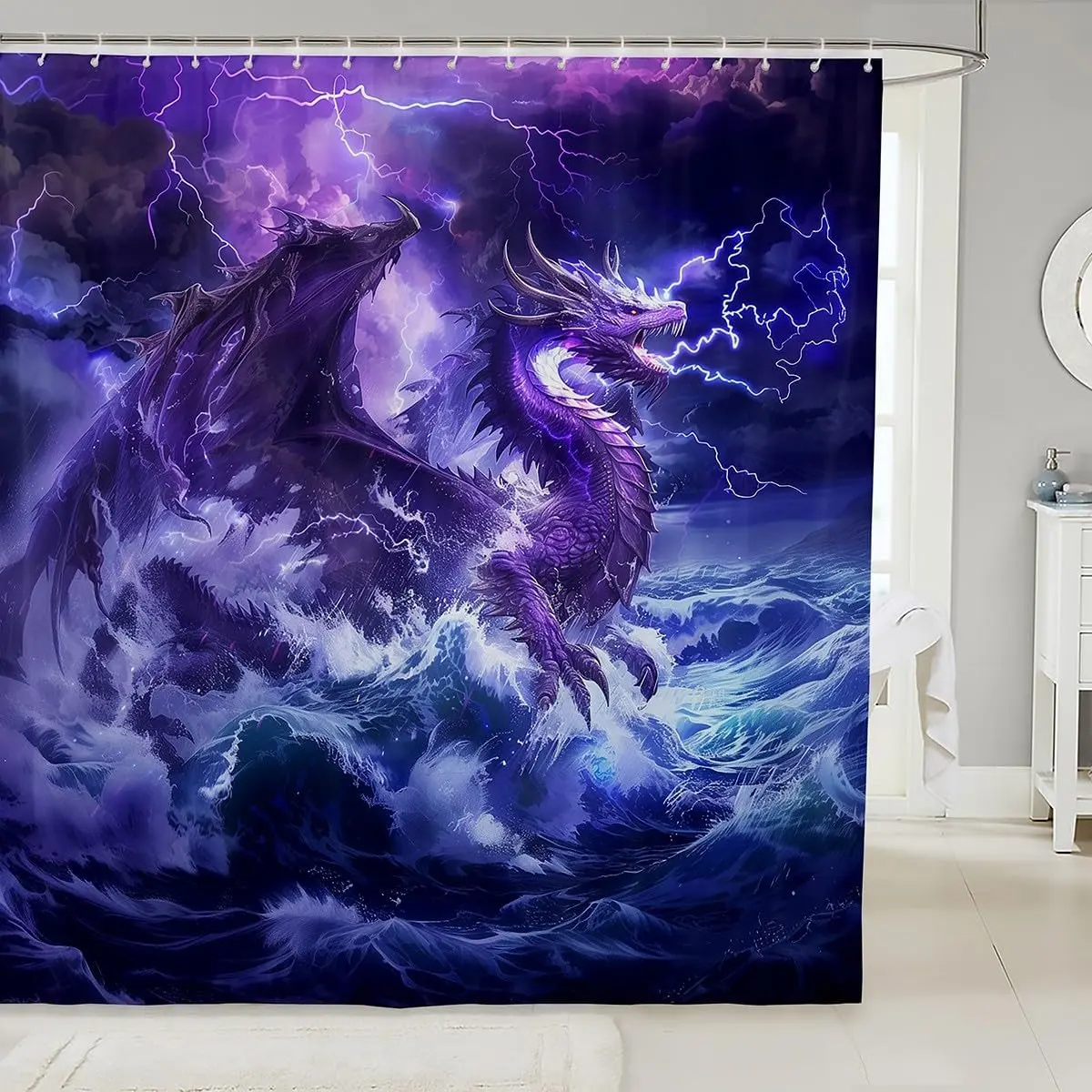 Western Dragon Shower Curtains,Dragon Lightning Light Tsunami Natural Disaster Bathroom Curtains Men,Ancient Trippy Purple Chic Waterproof Curtains