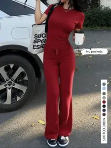 Two-piece Set Women's Solid Top & Pants, Elegant Fashion Casual Set for Daily Outdoor Wear, Women Clothes for Summer,Two-piece Set Women's Solid Top & Pants, Elegant Fashion Casual Set for Daily Outdoor Wear, Women Clothes for Summer,Airport Outfit