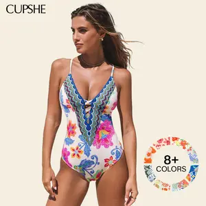 CUPSHE Boho Floral One-Piece Swimwear | Sculpting Tummy Control Swimsuit, Plunging V-Neck & Adjustable Straps Summer Beach Holiday Bathing suit #SummerVibes