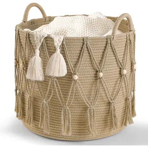 Blanket Basket for Living Room Decor Storage Basket for  Organizer Boho Decor Baskets for Modern Farmhouse Decor Small Laundry Basket for Bedroom and Laundry Room Organization,Beige