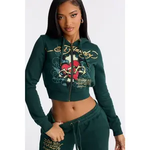 Ed Hardy Rhinestone Heart Fleece Zip Up Hoodie - Hunter Green Q