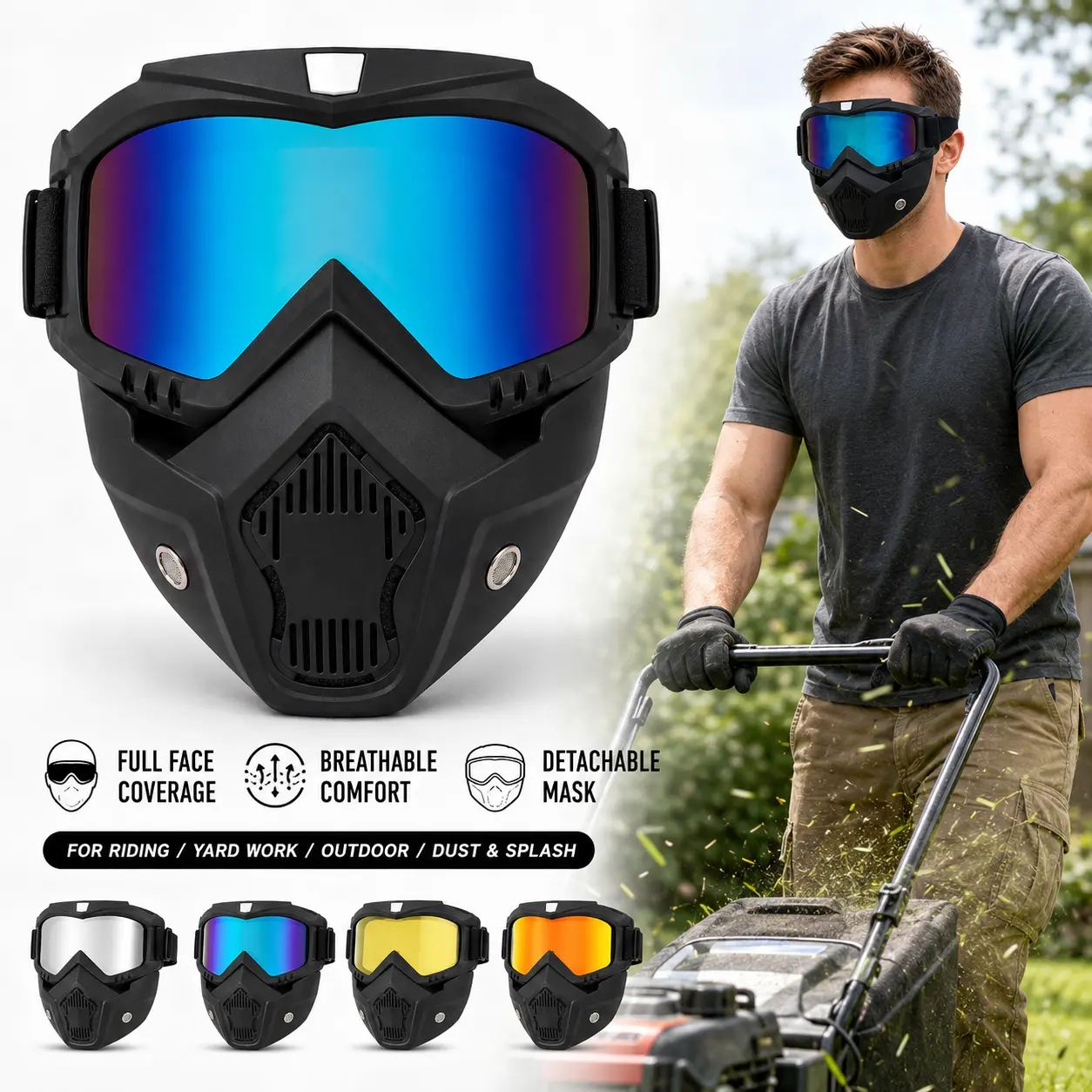 ActiveVista Full Face Motorcycle Goggles - Removable Mask, Replaceable Goggle Lens, Dirt Bike Off-Road Riding Protective Gear for Sports & Outdoor Accessories