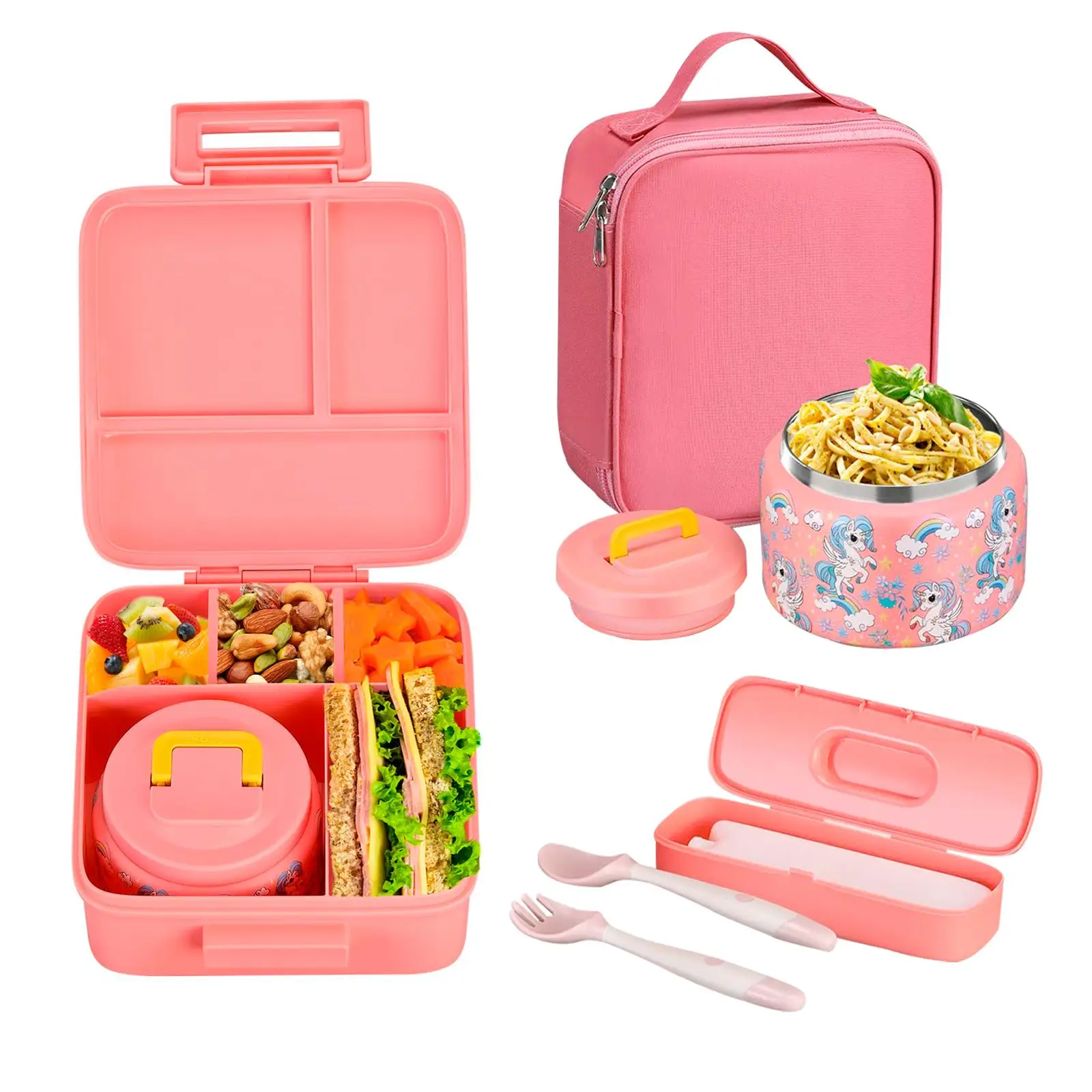 Household Essentials Kids Leakproof Insulated Lunchbox with Cutlery & Insulated Bag, 1 Count Portable Cartoon Pattern Plastic Bento Lunch Box with 5 C