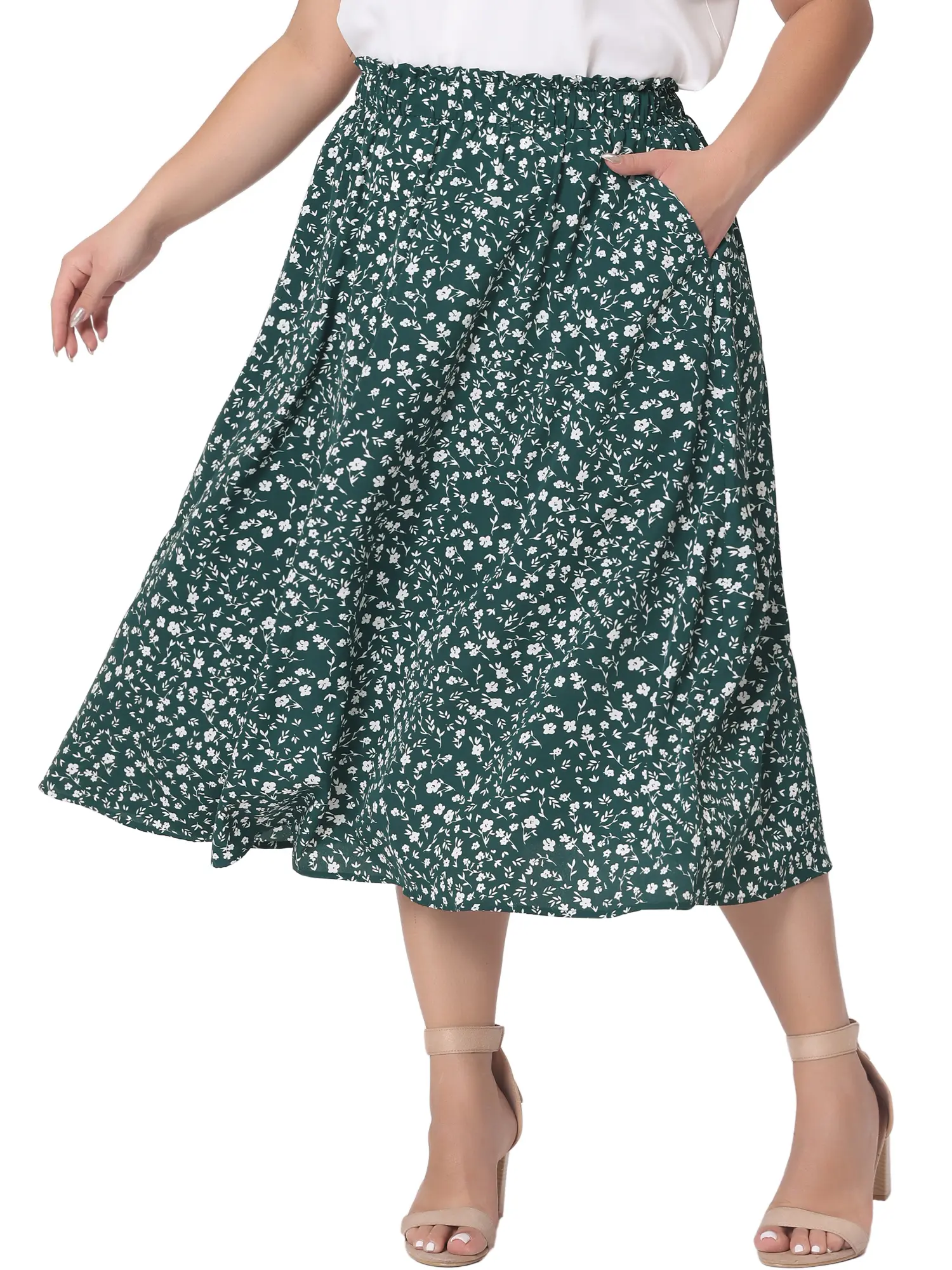 Agnes Orinda Plus Size Printed Skirt Women's Chiffon Elastic Waist Flowy Midi Skirt with Pockets