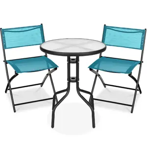Best Choice Products 3-Piece Patio Bistro Dining Furniture Set w/ Round Textured Glass Tabletop, Folding Chairs