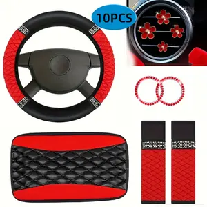 10-Piece Car Interior Accessories Set, Steering Wheel Cover, Seat Belt Pad, Air Vent Clip, Start Button Ring, Fashionable Design, Perfect Gift