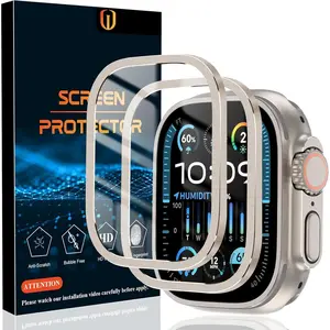 [2 Pack Screen Protector for  Watch Ultra 3/2 /Ultra 49mm, Tempered Glass with Titanium Alloy Frame Case, Bubble Free   Glass Film for iWatch Ultra 3/2/Ultra 49mm, Titanium