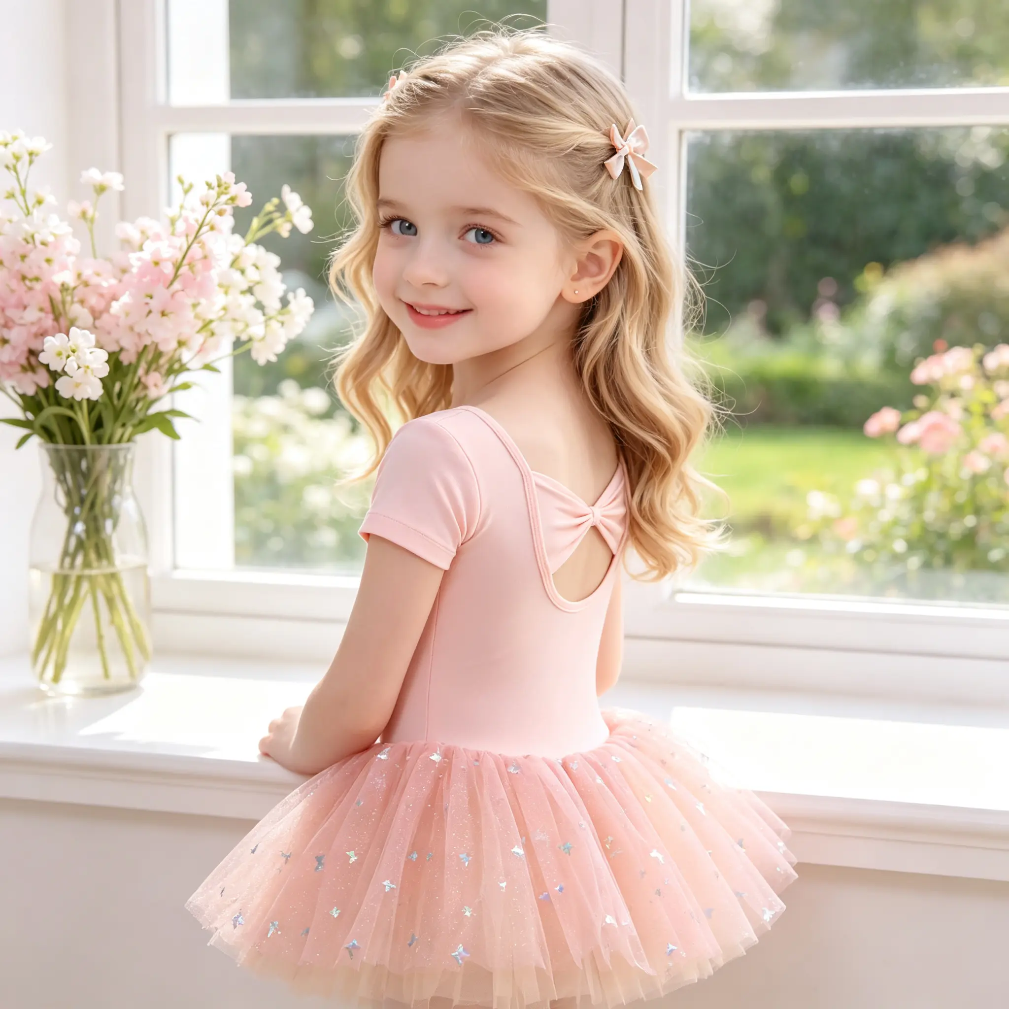 Little Girls Pink Short Sleeve Ballet Tutu Dress, Back Bow Cutout Butterfly Sequin Tulle Gymnastics Leotard for Dance Class Recital