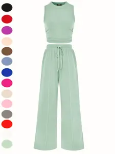 Women's Summer 2-Piece Set, Knitted Breathable Round Neck Long Pants, Elastic Waist Wide Leg Pants, Sleeveless Tank Top, Casual Fashion, Womenswear