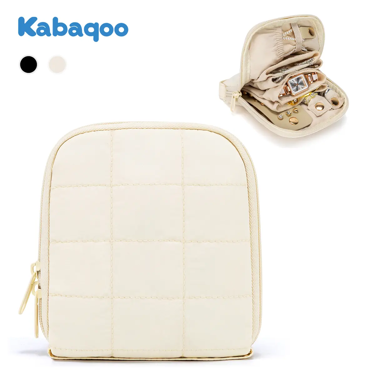 Kabqoo Beige Travel Jewelry Organizer Case - Necklace Holder, Earring & Ring Organizer, 4 Velvet Pouches, Zipper Closure, Portable Home Storage Bag