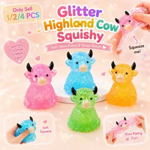 1/2/4 PCS Glitter Highland Cow Squishy Fidget Toy Soft Slow Rising Stress Relief Ball Sparkly Squeeze Sensory Toy For Teens Adults Cow Lovers Desk Relaxation Party Favor