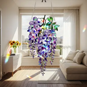 Wisteria Acrylic Hologram Suncatcher, Purple Floral Window Hanging, Stained Acylic Style Flower Decor, Rainbow Light Catcher Ornament