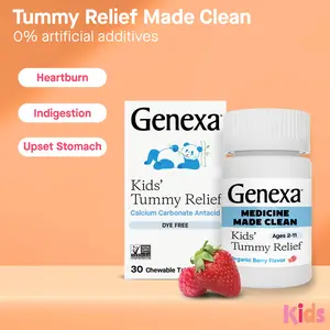 Genexa Kids' Clean Tummy Relief | Heartburn, Acid Indigestion & Sour Stomach Relief | Children's Calcium Carbonate | Dye Free, 0% Artificial Additives | Ages 2-11, Berry Flavor Chewable Tablets, 30ct