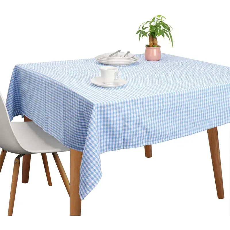 Vintage Cotton Tablecloths, Rectangle Table Covers Pure Cotton Gingham Tablecloths Oversized Christmas Holiday Home Decorative Checkered Plaid Table cloths for Everyday Dinner (Blue, 60 X 84 inch)