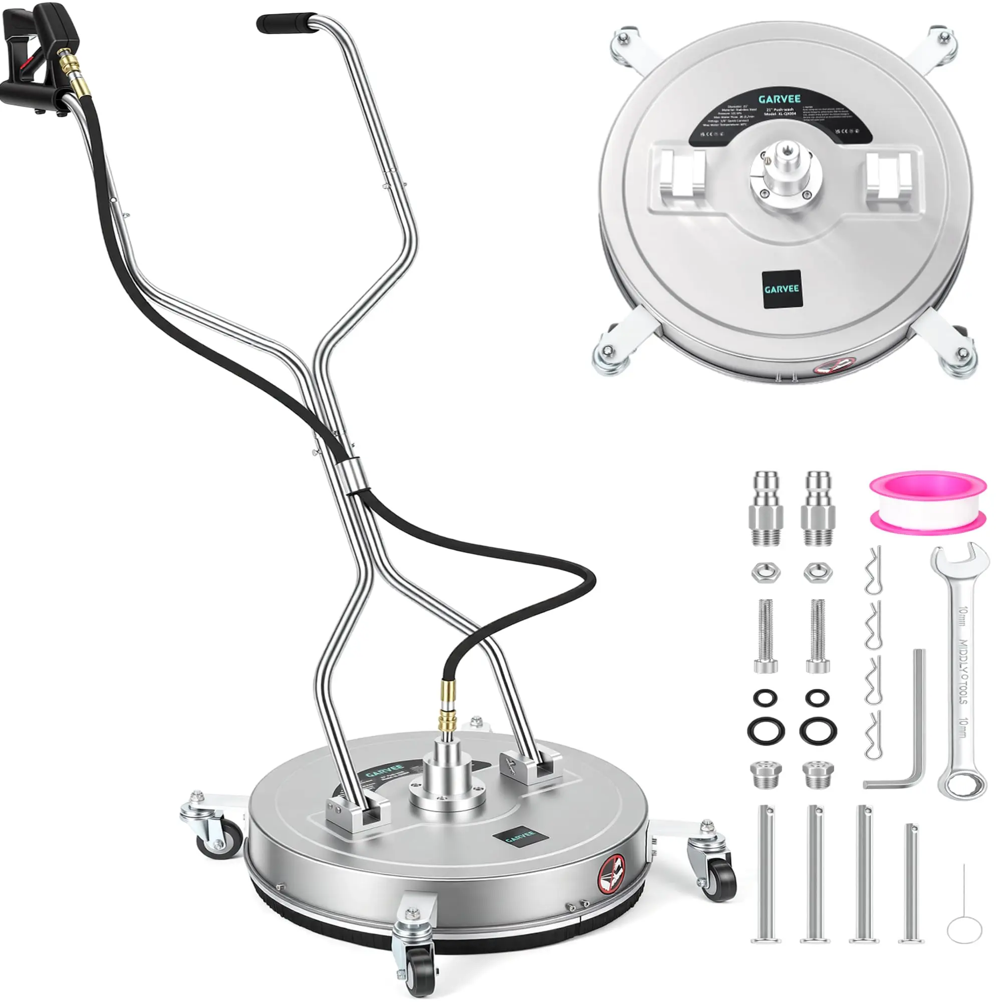 Garvee 21 Inch Stainless Steel Pressure Washer Surface Cleaner, 4 Wheels & Dual Handle Design, Efficient Cleaning Attachment, Silver Ideal for Patios, Sidewalks, Decks and Driveways