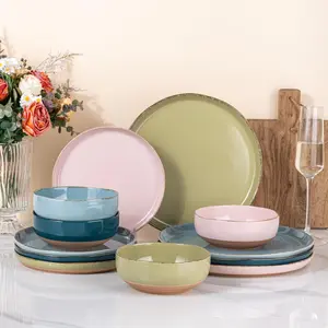 Dinnerware Sets for 4, 12 Pieces Handpainted and Set with Rustic Terracotta Underside, Scratch Resistant Stoneware Dishes Set, Dishwasher & Safe, Multi-Color