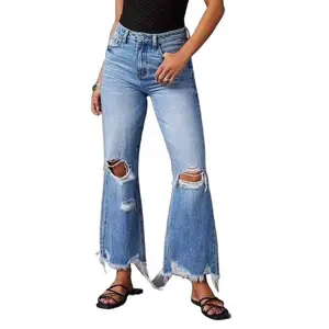 Women's Ripped Jeans High Waisted Distressed Baggy Straight Wide Leg Pants, fringed washed tie-dye high-waisted denim straight-leg trousers, High Waisted Distressed Cropped Flare Jeans for Women, Stretchy Medium Wash Raw Hem Bootcut Jeans