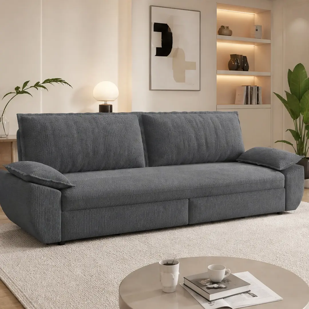 ARCH 73.2" Queen 3-in-1 Convertible Sleeper Loveseat Couch with Chaise Option - Pulls Out Into Guest Bed, Corduroy Upholstery, Steel Frame, High-Density Sponge Support, Grey Indoor Living Room Furniture, 3-In-1 Convertible Design