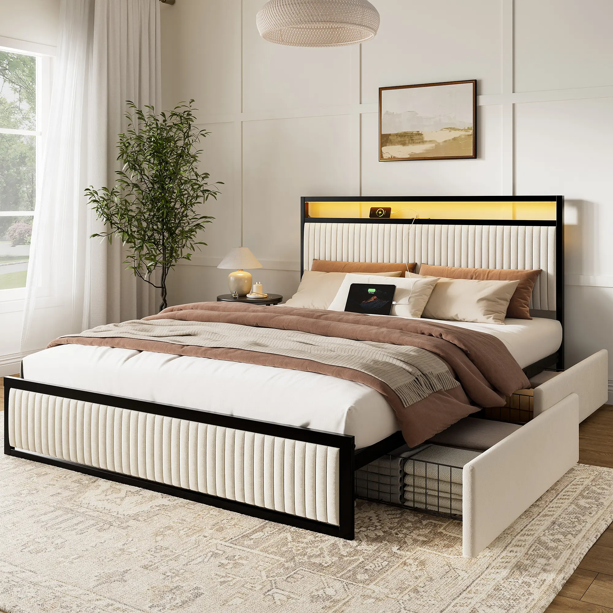 Bed Frame with Headboard and Storage,Upholstered Bed Frame Queen Size with 2 Drawers,Velvet Platform Bed Frame with Charging Station & LED,Metal Support,No Box Spring Needed,Dark Grey