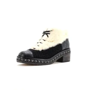 Pre-owned Chanel Women's Chain Sole Cap Toe Lace Up Ankle Boots Tweed and Fur with Leather by Rebag