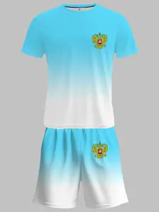 Men's Blue Gradient Two-Piece Set, Loose Fit Casual Tee & Shorts, Trendy Street Style, Summer Vacation Wear, Daily Comfort