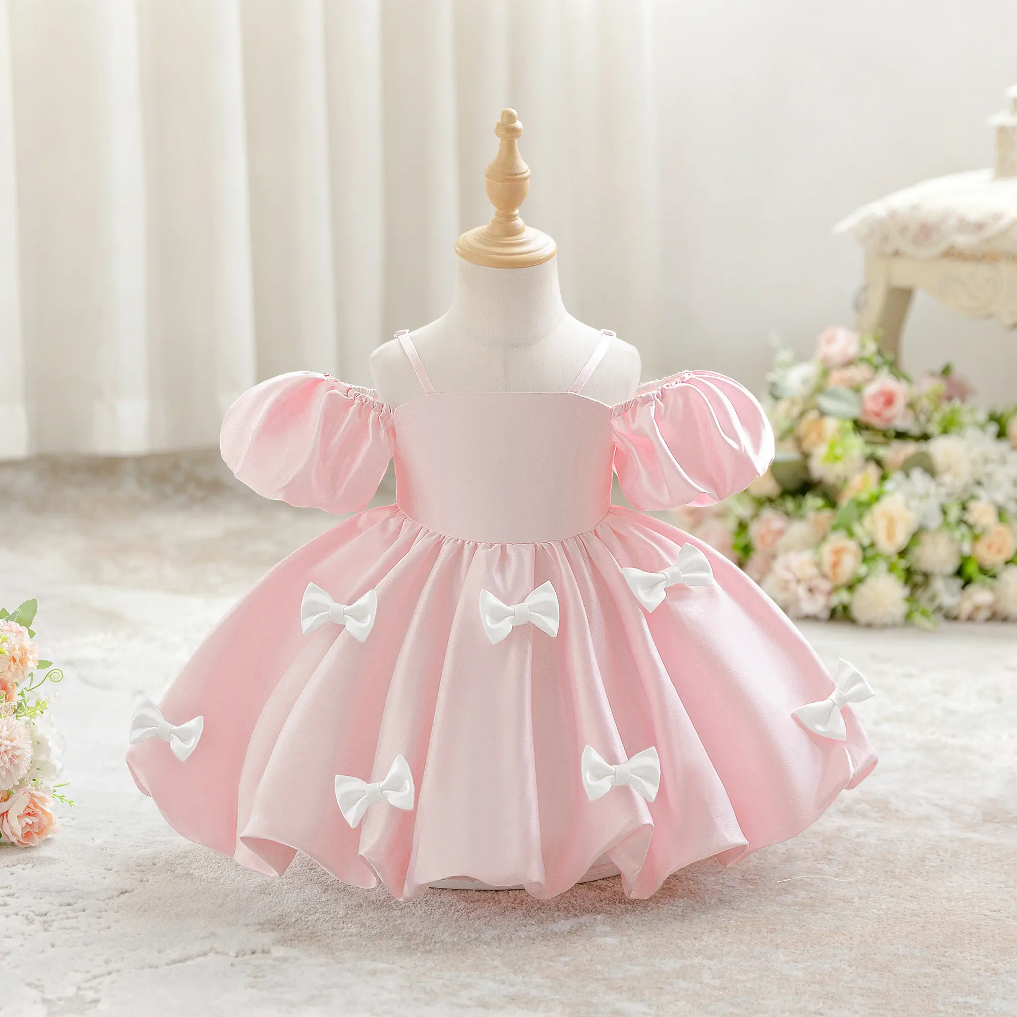 6M-3Y Pink Kids Clothes 3160 Bow Anniversary Birthday Baptism Flower Girls Frock Ball Gown Pageant Children Elegant Princess Prom Host Formal Evening Party Banquet Dress for All Season