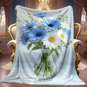 1pc Blue And White Flower Transparent Bottle Pattern Theme Pattern Flannel Blanket Soft High-definition Digital Printing Cooling Blanket Suitable For All Year Round! 100% Polyester Fiber, Suitable For Family And Friends All Year Round