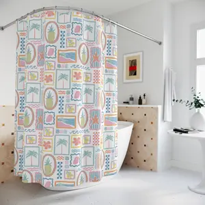 Retro Tropical Shower Curtain | Palm Tree & Pineapple Bathroom Decor | Coastal Beach House Style | Summer Bath Accent