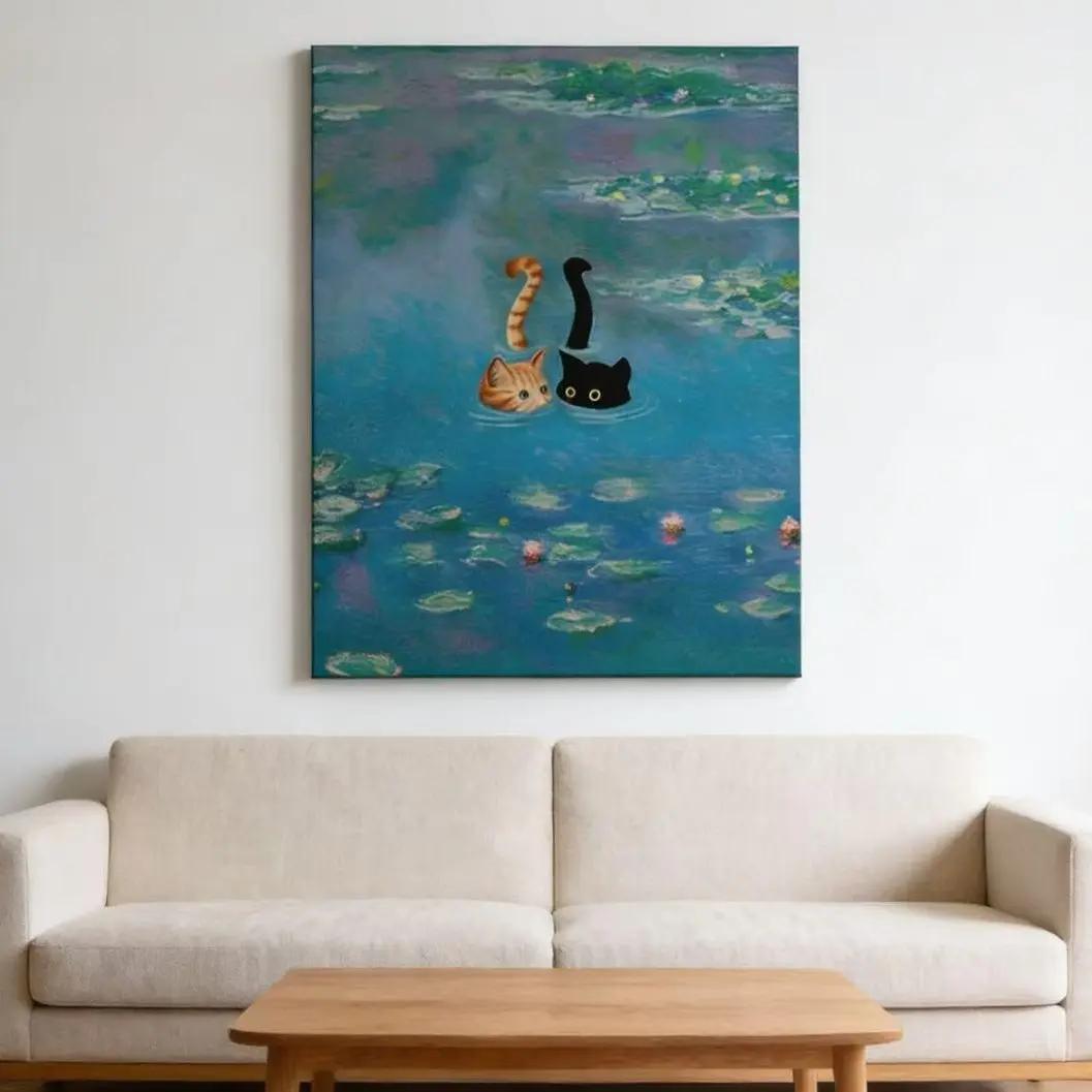 Black and Orange Cat Print Monet Waterlily Funny Wall Art Poster for Home Valentines Day Decor