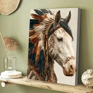 A Native American Equestrian Art, Framed, Artistic, Rustic Western Canvas Wall Decor, Tribal Feather Headdress and Detailed Horse Tail Art, Farmhouse Style Living Room Decoration, Printed Canvas, Western Home Decor, 2D Flat, Perfect Room Decoration