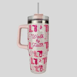Kerusso 30 oz Stainless Steel Vacuum Flask, Portable Outdoors Drinkware with Plastic Lid and Straw, Walk By Faith