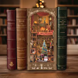Book Nook, Christmas Cottage 3D Wooden Puzzle with LED Lights, DIY Festive Holiday Bookend Decor, Cozy Winter Scene with Christmas Tree, Wreath, and Snowman, for Teens and Adults