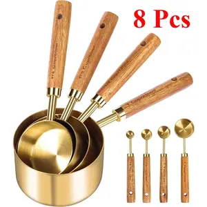 8 Pcs Gold Measuring Cups and Spoons, Wood Handle with Metric and US Measurements, Premium Stainless Steel, Golden Polished Finish, Dry & Liquid Measuring Cup for Cooking and Baking