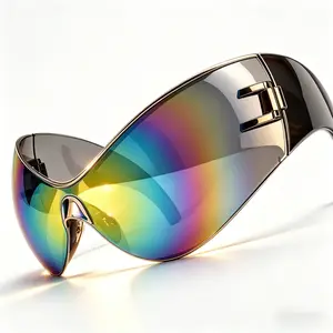 Oversized Punk Y2K Semi-Rimless Polycarbonate Mirrored Sunglasses - Blue Light Blocking, Futuristic Tech-Style Sports Eyewear for Beach Leisure, Daily Outdoor Use