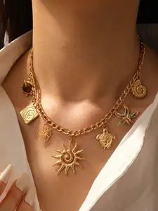 1Pcs Stainless Steel Metal Golden Turtle Flower Sun Necklace for Women New Trendy Fashion Necklace Waterproof Neck Chain Jewelry Gift