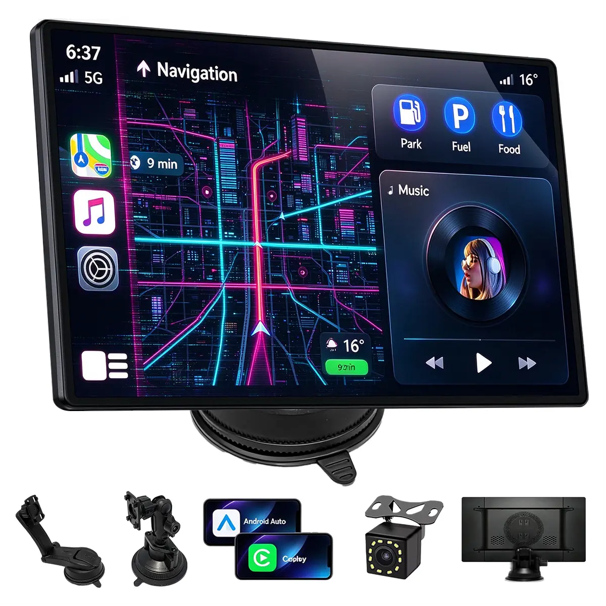 AiFine 11-inch wireless in-car CarPlay display (supporting both Apple CarPlay and Android Auto), featuring a rearview camera, Bluetooth 5.0, phone screen mirroring, voice control, GPS navigation, and more.
