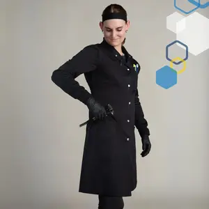 The Curie - Women's Cotton Lab Coat (Black) - Engineer Research Protective Workwear - Knit Cuffs, Snaps, Mad Scientist Costume - Genius Lab Gear
