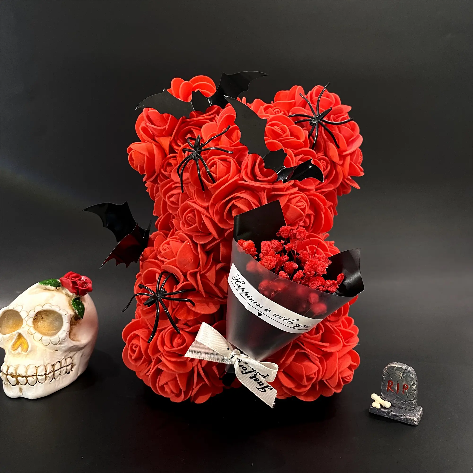1pc DIY Halloween Themed Creative Handmade Faux Eternal Rose Hugging Bear, Bat, Spider, Witch hat, Pumpkin, Ghost, Bouquet Decoration DIY Artificial Flower Bear, Romantic Gift for Halloween Surprise, Valentine's Day, Wedding Decor, Home Decoration
