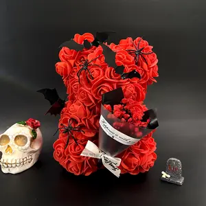 1pc DIY Halloween Themed Creative Handmade Faux Eternal Rose Hugging Bear, Bat, Spider, Witch hat, Pumpkin, Ghost, Bouquet Decoration DIY Artificial Flower Bear, Romantic Gift for Halloween Surprise, Valentine's Day, Wedding Decor, Home Decoration