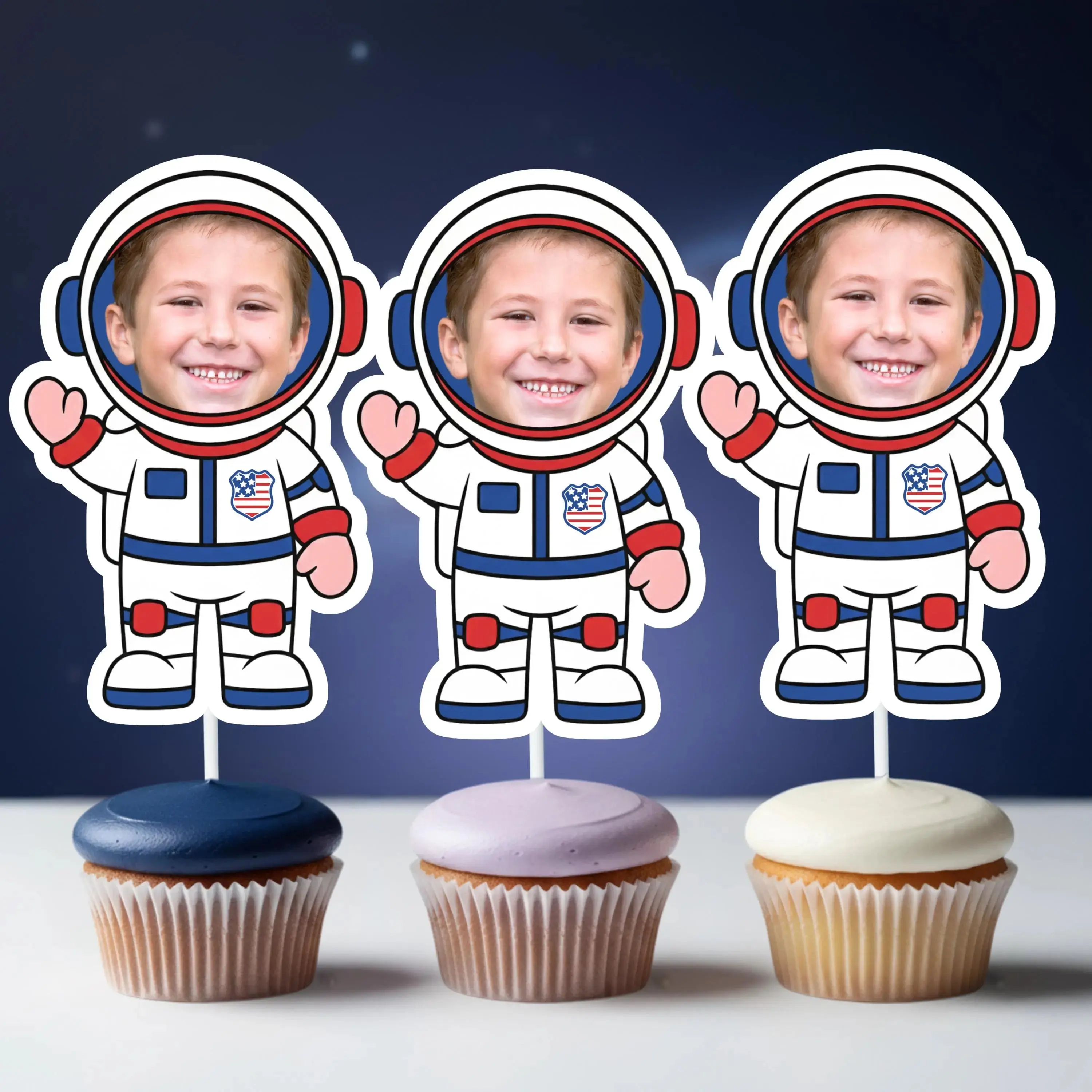 Astronaut Face Cupcake Toppers - Personalized Galaxy Rocket Space Element Insert, American Outer Space Birthday Party Cake Decor for Photo Backdrops