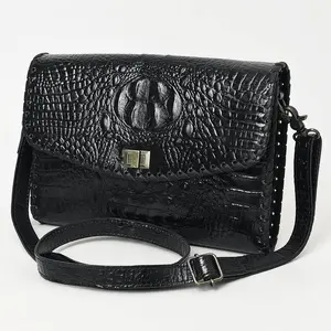 ADBG1526 Black Croc-Embossed Leather Crossbody Bag - Western Structured Flap Purse: ADBG1526