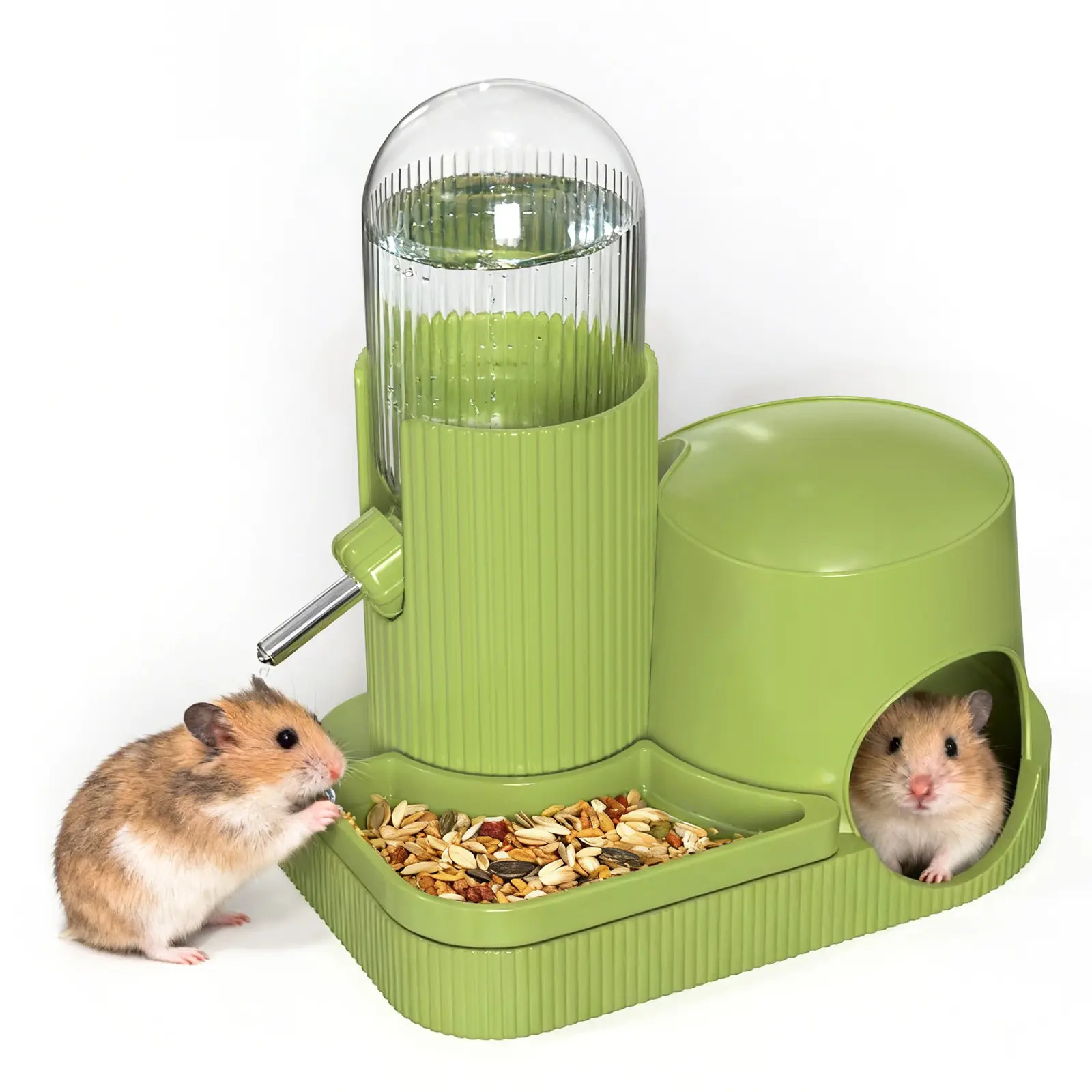 3 in 1 Hamster Water Bottle No Drip Automatic Water Dispenser with Food Bowl Container & Hideout Base Hut for Dwarf Hamster Mouse Rat Gerbils Mice Cage Accessories