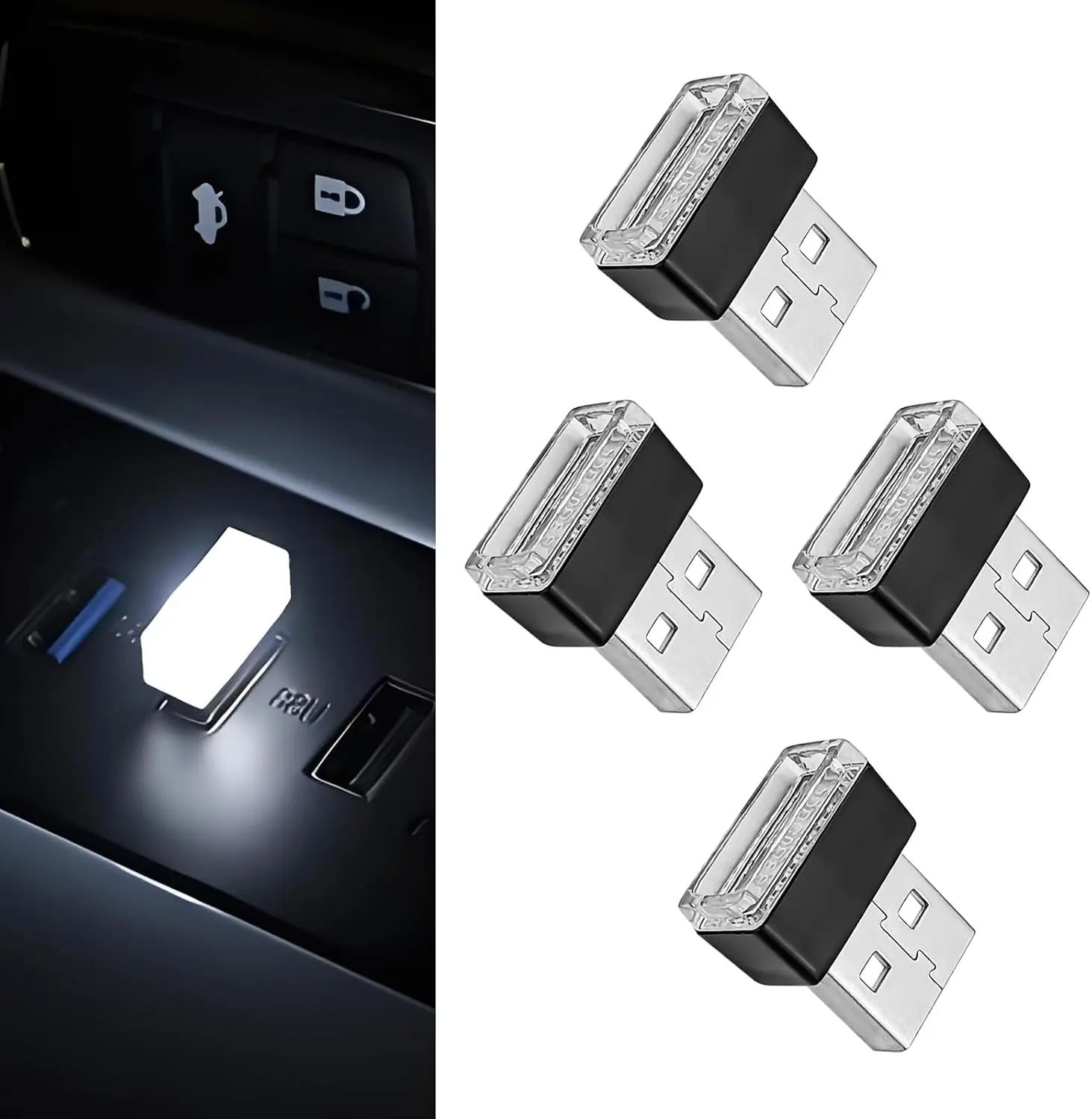4 PCS USB LED Car Interior Ambient Lighting Kit, Portable Plug-In Atmosphere Lamp Decor Night Light, Universal Vehicle Interior Accessories for Most Cars (White) ABOTHGD