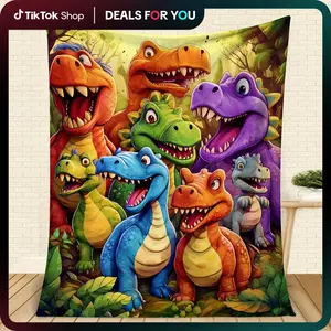 Dinosaur Flannel  Blanket with Playful Smiling Dinosaurs Cartoon Colorful Polyester Throw Cozy Fuzzy Plush Comfy All-Season for Teen Boys Girls Birthdays Holiday Gift
