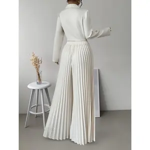 Elegant Suit] 2pcs Elegant Double-breasted Suit Top and Pleated Pants Set | Fashionable Commuting Style for Women