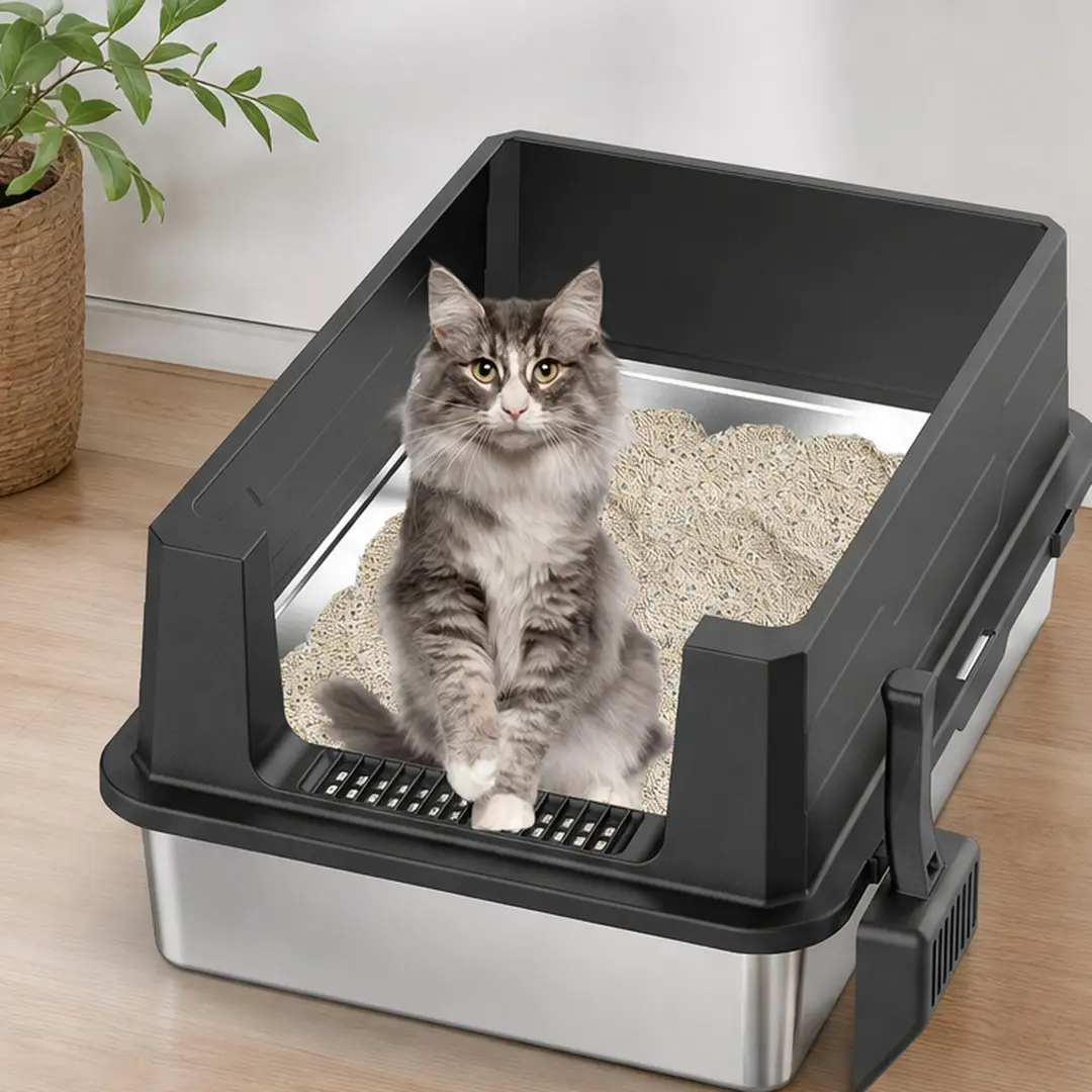 Stainless Steel Cat Litter Box Large High Sided No Cover Odor Resistant Easy Clean Washable Litter Pan for Cats with Scoop Hook Black Silver 19.7x27.6x11.8 Inches Pet Supplies, Black and Silver Color Options, ABS+Steel(Q235) Material