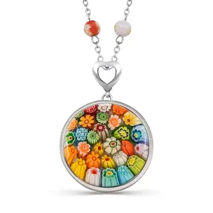 Murano Style Millefiori Glass Necklace - Beaded Necklaces for Women - Colorful Beads Flowers Florals Jewelry Stainless Steel 24 Inches - Anniversary Wedding Christmas Birthday Gifts for Women