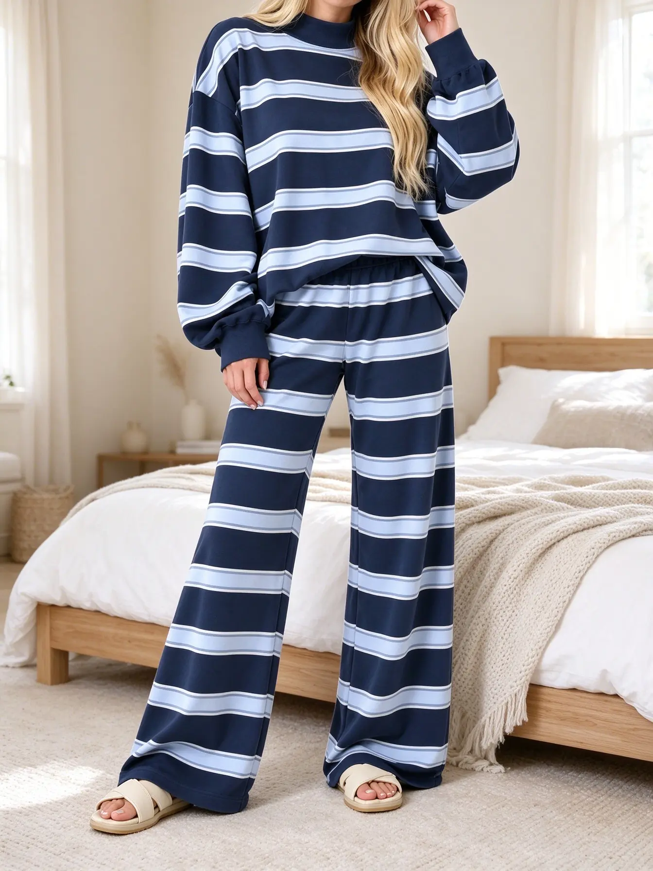 Women’s spring/autumn relaxed-style color-block striped mock neck sweatshirt set, featuring a loose long-sleeve top with a mock neck + wide-leg pants; a casual, loose matching outfit for home, travel, and everyday wear.